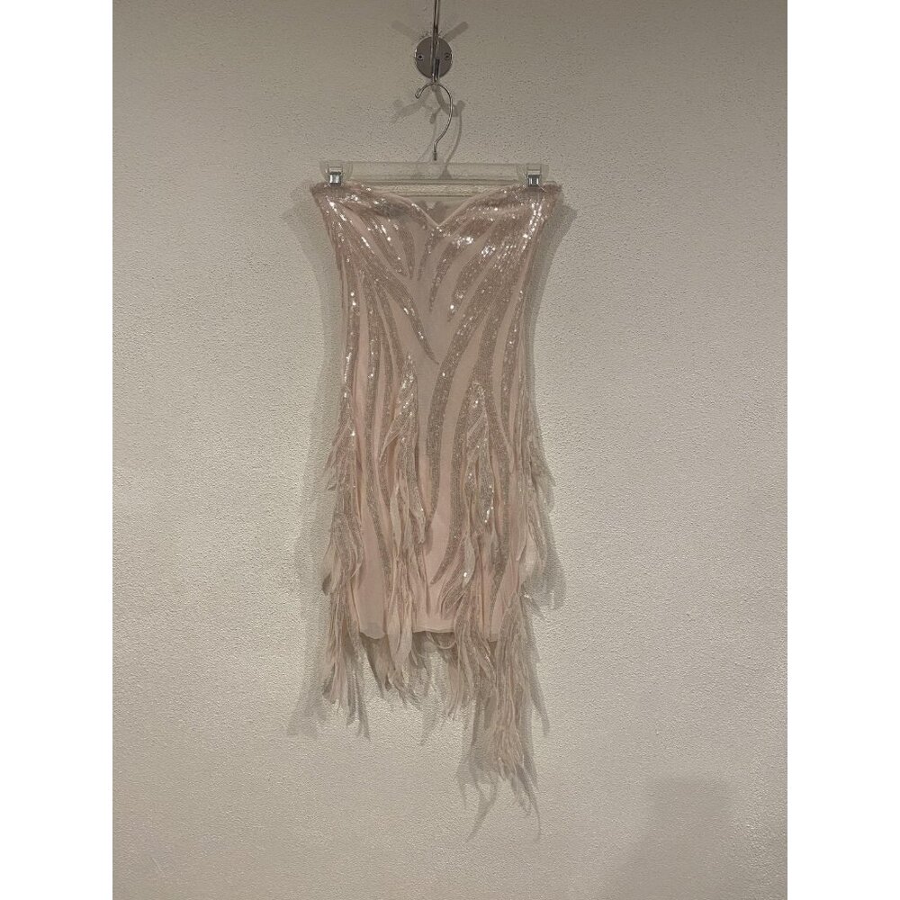 Bella Barnett Dress Womens XS Pink Sequin Fringe Strapless Bodycon Mini Party